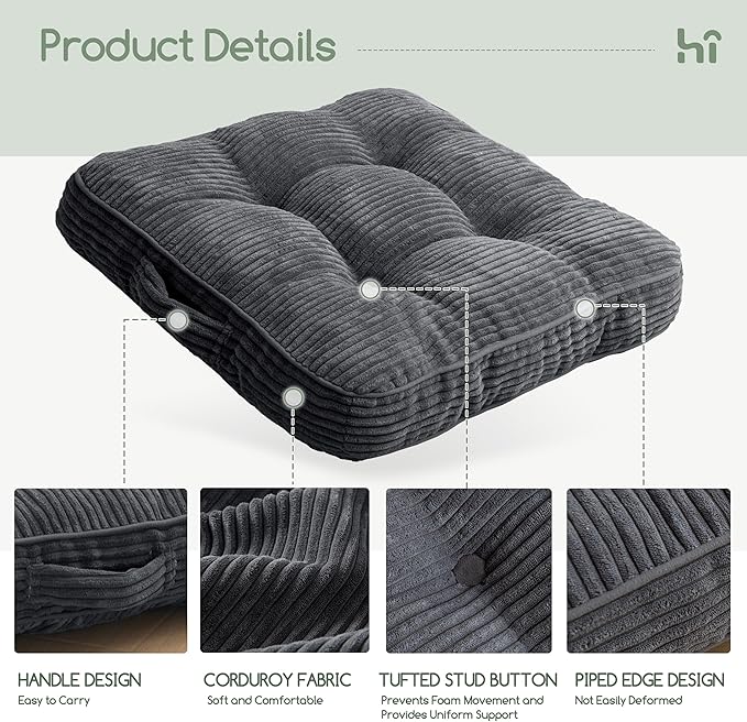 HIGOGOGO Floor Pillow Cushion for Adults, Meditation Cushion Pillow, Large Square Floor Sitting, Tufted Corduroy Cover, for Tatami Living Room or Yoga, 22x22 Inch, 2Pack, Dark Grey