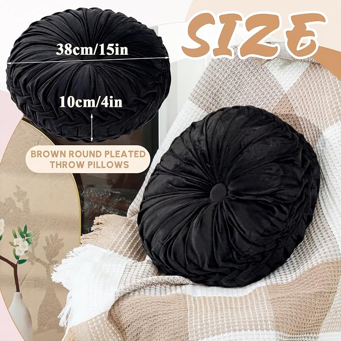 Drydiet 1 Pcs Round Throw Velvet Pillows Decorative Pleated Throw Pillows Diameter Accent Pumpkin Boho Chair Cushion for Couch Sofa Home Decoration (Black,15'')