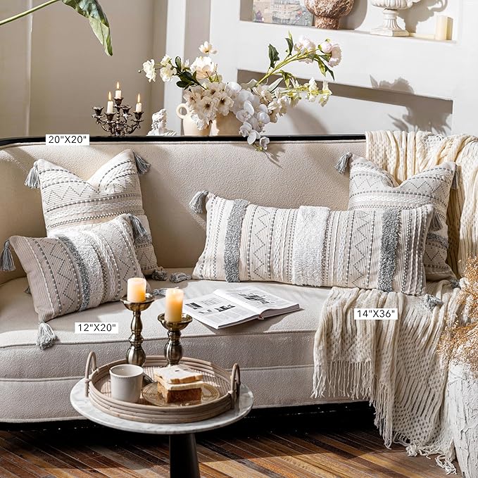 BlissBlush Gray Decorative Throw Pillow Covers 20x20 Combo Set of 2 Square Boho Neutral Grey Accent Pillowcase Tassels Farmhouse Cushion for Couch Sofa Bedroom Living Room Home Décor Cover ONLY