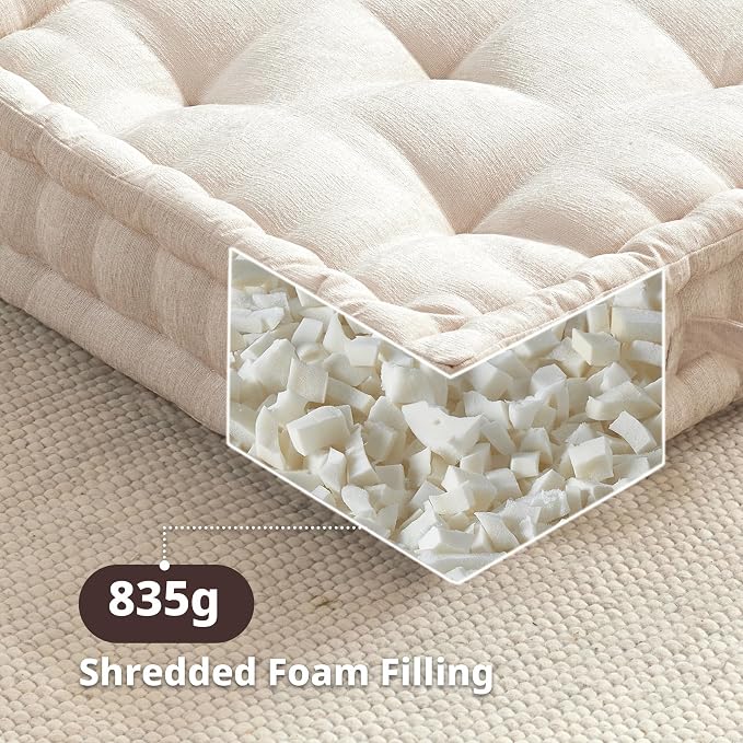 Intelligent Design Azza Floor Pillow, Large Cushions Sitting for Adults, Floor Pillow for Meditation or Yoga, Lustrous Chenille Tufted with Scalloped Edges for Bench/Chair Cushion, 20"x20"x5" Ivory