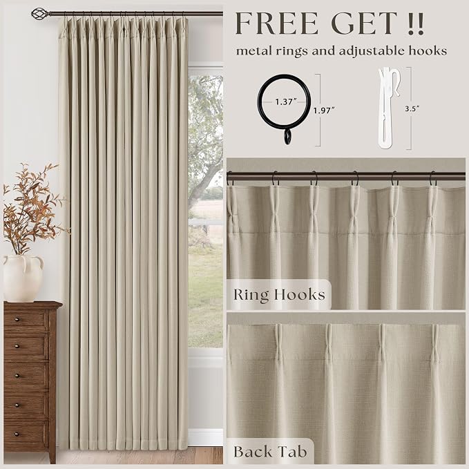 Oatmeal Pinch Pleated 100% Blackout Linen Curtains 100 Inch Length 2 Panels Pinch Pleat Curtains Black Out Light Blocking Room Darkening Drapes with Liner for Bedroom Living Room Window Cream Beige