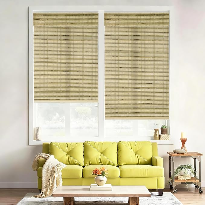 No Drill No Tools Bamboo Roman Shades, Cordless Light Filtering Window Blinds with Valance, Natural Woven Wood Shades for Living Room Dining Room,Stripped Raw Bamboo（Sheer-View）, 46.5"W x 64"H