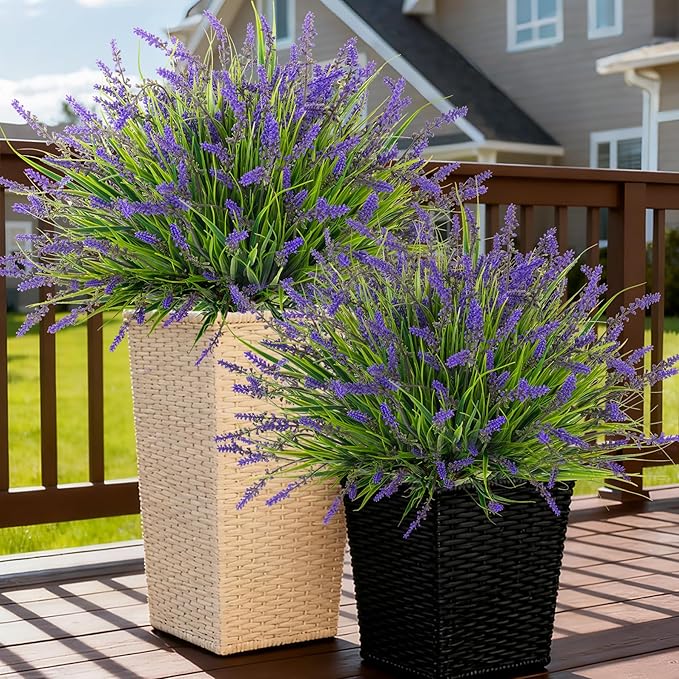 Ammyoo 24 Pcs Artificial Faux Plants for Outdoor Spring Decoration, Fake Monkey Grass for Garden Porch Balcony Planters, Fake Greenery Shrubs UV Resistant No Fade Plants Bush for Pathway(Purple)