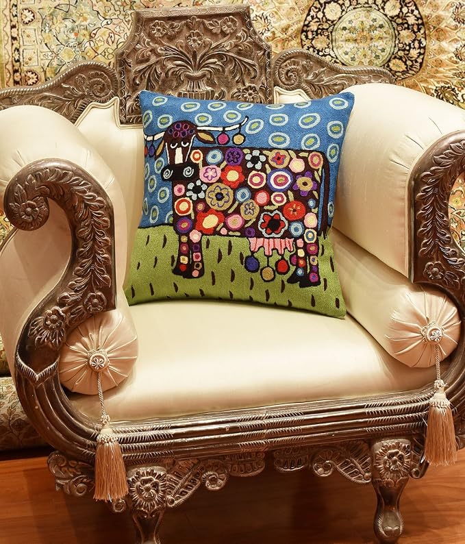Cow Pillow Cover Karla Gerard Animal Cow-Themed Throw Kids Room Pillowcase Blue Chair Pillows Whimsical Cow Art Throw pillowsham Hand Embroidered Wool Size 18x18
