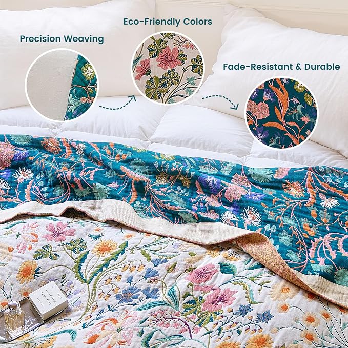 MSGKV The Boho Layer: 60"x80" Cotton Throw Blanket – Full Size for Couch Snuggles, Twin Bed Topper | Lightweight & Breathable Reversible Maximalist Colorful Floral, Decorative Accent