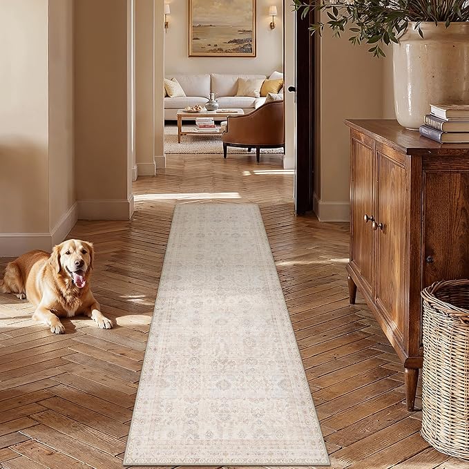 2x8 Washable Neutral Runner Rug for Living Room Beige Apricot Floral Non Slip Low Pile Large Rug Indoor Vintage Carpet Bedroom Dining Room Hallway Kitchen