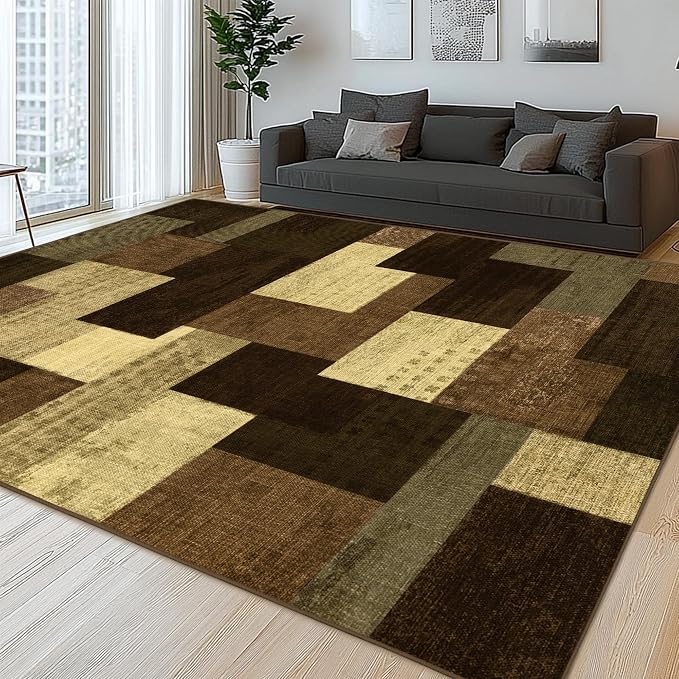 Modern Geometric Patchwork Indoor Area Rug for Living Room, Warm Taupe 10x14 Large Rug Rockwood Collection Hardwood Floors Decor for Bedroom, Taupe Throw Carpet for Office Entryway Dining Room
