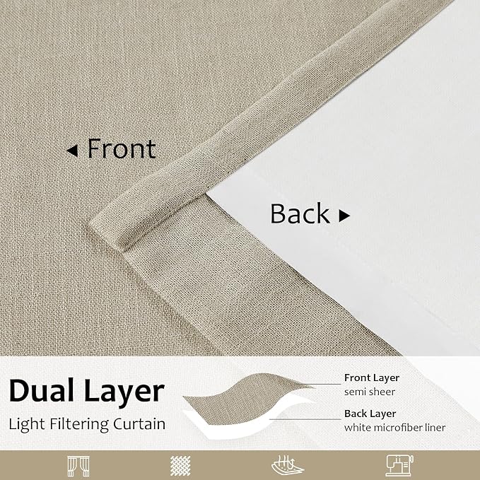 Central Park Sand Pinch Pleated Light Filtering Curtain Panel 90 Inches Linen Blended with Microfiber Liner Rustic Textured Window Drapes for Living Room Bedroom with Back Tabs Hooks, 40" L x90 W x2