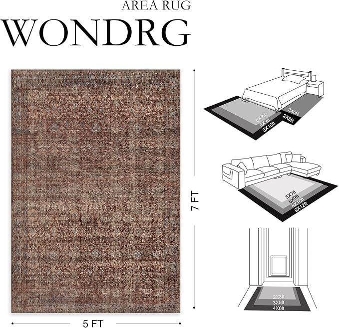9x12 Red Washable Modern Area Rug Living Room Non Slip Low Pile Floral Extra Large Rug Vintage Traditional Stain Resistant Carpet Bedroom Office Indoor Playroom