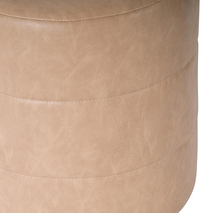 HomePop Upholstered Faux Leather Round Ottoman (No Lid, Seat Only) | HomePop Home Décor | Round Pouf Foot Rest – Sand Faux Leather
