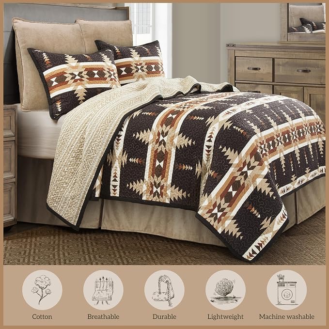 Paseo Road Yosemite Western Bedding 2 Piece Quilt Set with Pillow Sham, Twin Aztec Bedding Set, Tribal Southwestern Bedding, Geometric Pattern Cotton Reversible Bed Set
