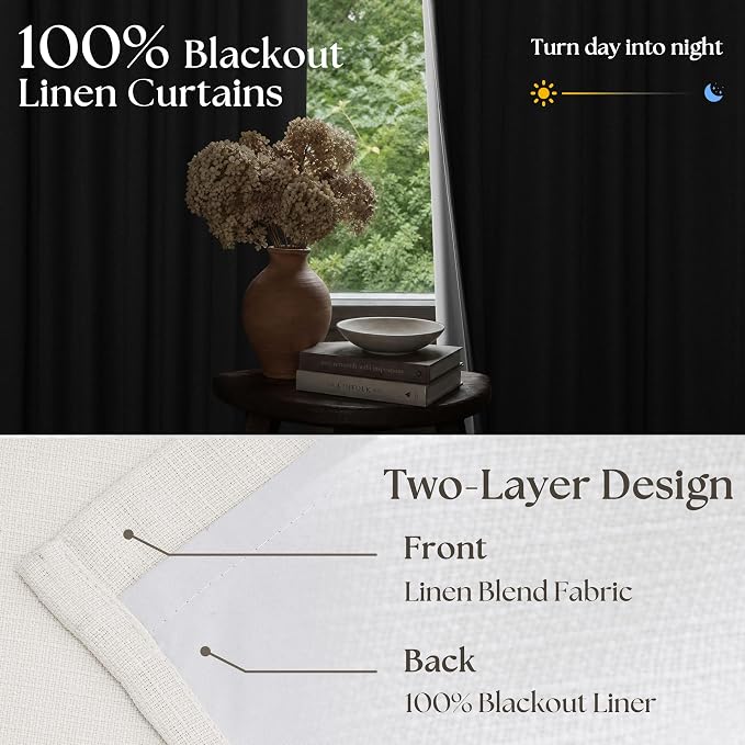Ivory Cream Pleated 100% Blackout Linen Curtains 86 Inches Long for Bedroom Living Room Memory Trained Pinch Pleat Back Tab Black Out Thermal Noise Blocking Double Layer Windows Drapes 2 Panels Set