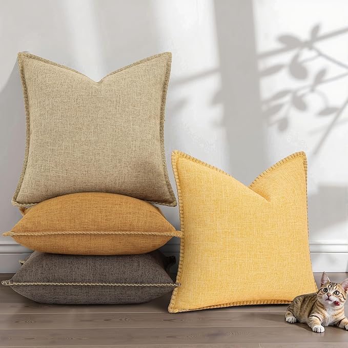 decorUhome Summer Decorative Throw Pillow Covers 16x16 Set of 2 Square Faux Linen Outdoor Neutral Farmhouse Pillow Covers with Stitched Edge for Couch Sofa Living Room, Mustard Yellow