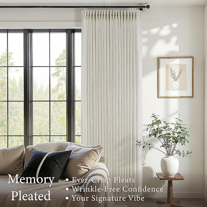 Pinch Pleated Thick Linen Curtains 120 Inch Length 2 Panels Set for Living Room Warm Beige Neutral Pleated Curtains Semi Sheer Light Filtering Privacy Bedroom Window Drapes