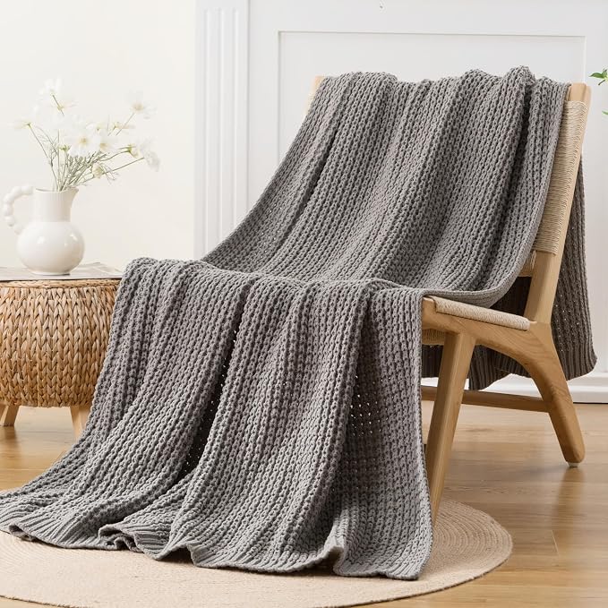 Bunnikins & Clover Grey Throw Blanket for Couch Bed Sofa, Waffle Knit Grey Blanket for Women Mothers Birthday Gifts, 60"x80"