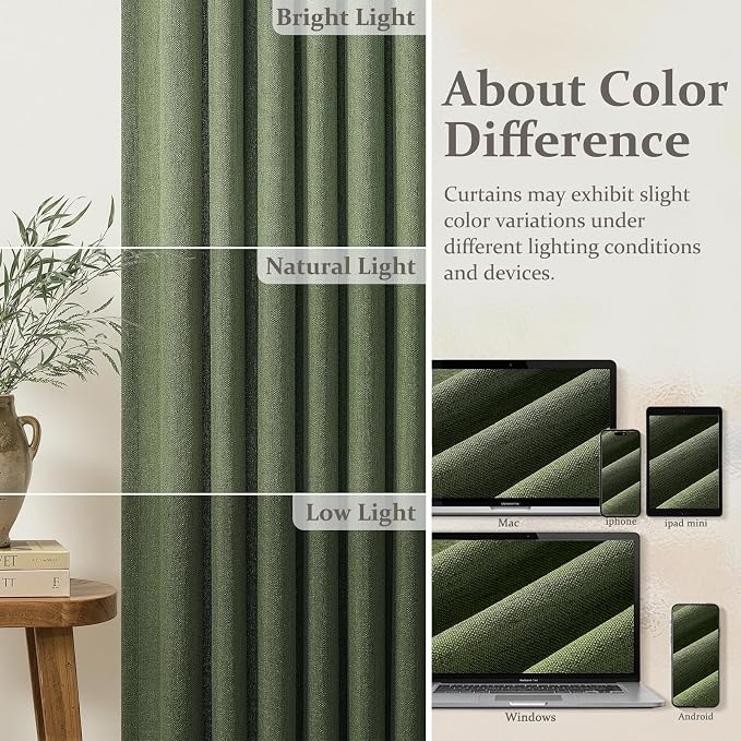 Pleated Natural Linen Loden Living Room Curtains for 96 Inches Long , Memory Trained Dark Green Semi Sheer Heavy Curtain 8FT Length Light Filtering Bedroom Rustic Windows Drapes (50Wx96LxPanels of 2)