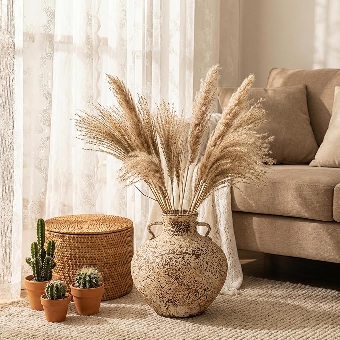 Ceramic Rustic Farmhouse Vase,Extra Large Terra Cotta Vase, Huge Pottery Decorative Flower Vases for Living Room Entryway Table Centerpiece Decor(11.8'' X 11.8'' x 11.8'')