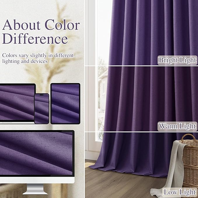 Guken 100% Blackout Curtains 102 Inch Length 2 Panels Set for Living Room Bedroom Back Tab Thermal Insulated Black Out Linen Drapes Room Darkening New Purple,52x102