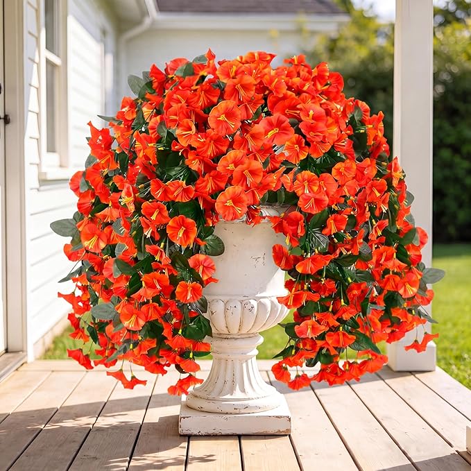 Sggvecsy Artificial Fake Hanging Flowers Plants for Outdoor Outside Spring Summer Decoration 4PCS Faux Silk UV Resistant Realistic Morning Glory Trailing Vines for Home Porch Patio Balcony(Orange)