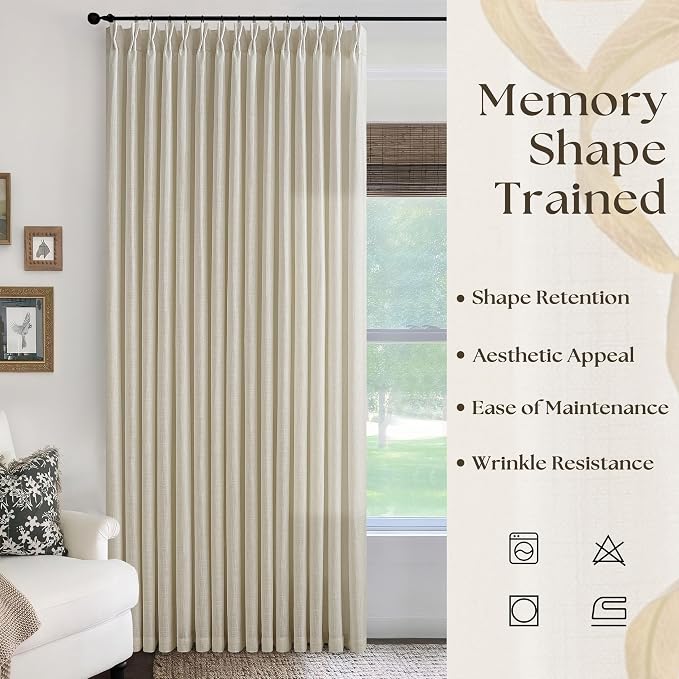 Pinch Pleated Linen 96 Inch Curtains 100 Inch Width for Living Room Divider Light Filtering Thick Beige Linen Extra Wide Patio Curtains for Sliding Door Balcony Floor to Ceiling Window 1 Panel