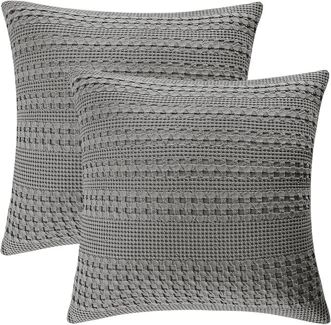 PHF 100% Cotton Waffle Weave Euro Sham Covers, 2 Pack 26" x 26" Bed Pillow Covers for Elegant Home Decor, No Filling, Luxury Aesthetic Soft Euro Pillow Cases for Bed, Dark Grey