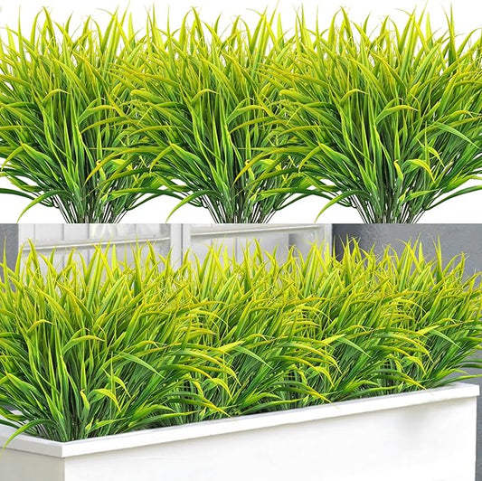 Ouddy Decor 16 Bundles Artificial Plants Outdoor Fake Grass Greenery Stems UV Resistant Faux Plastic Plants Shrubs for Spring Summer Garden Pathway Window Box Farmhouse Front Porch Home Decor, Yellow