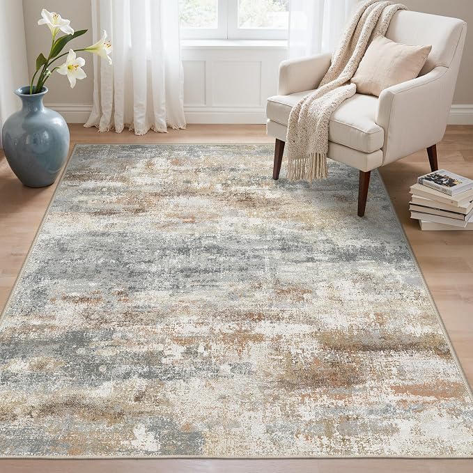 BEIMO Area Rugs 5x7 for Living Room Bedroom, Modern Abstract Machine Washable Rug, Large Soft Low Pile Floor Carpet with Non Slip Backing for Dining Room, Muted Grey