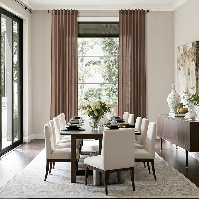 Caramel Brown Linen Curtains for Living Room 94 Inches Long Back Tab and Rod Pocket Light Filtering Semi Sheer Vintage Rustic Curtain Luxury Boho Decor Drapes for Bedroom Office 52x94, 2 Panels