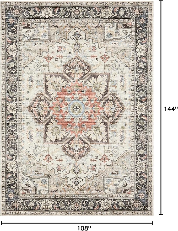 Area Rug 9x12 for Living Room, Medallion Printed Ultra-Thin Soft Large Carpet, Oriental Non Slip Big Washable Fade Stain Resistant Rugs for Bedroom Dining Room Home Office Decor
