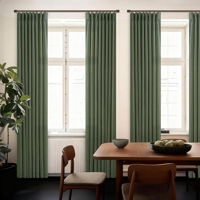 Dark Green Pinch Pleated Linen Curtains 105 Inches Long for Living Room 2 Panels Set Memory Trained Viral Pleat Drapes Back Tab Light Filtering Farmhouse Olive Green 105 Inch Length Window Curtains