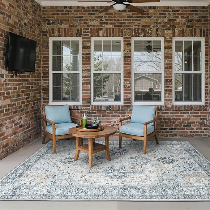 GENIMO Outdoor & Indoor Area Rug 4'x6', Waterproof, Non-Shedding, Easy Cleaning, Boho Mat for Patio, Living Room, Balcony, Dining Room, RV, Deck, Bedroom, Camping, Outside Carpet,Blue