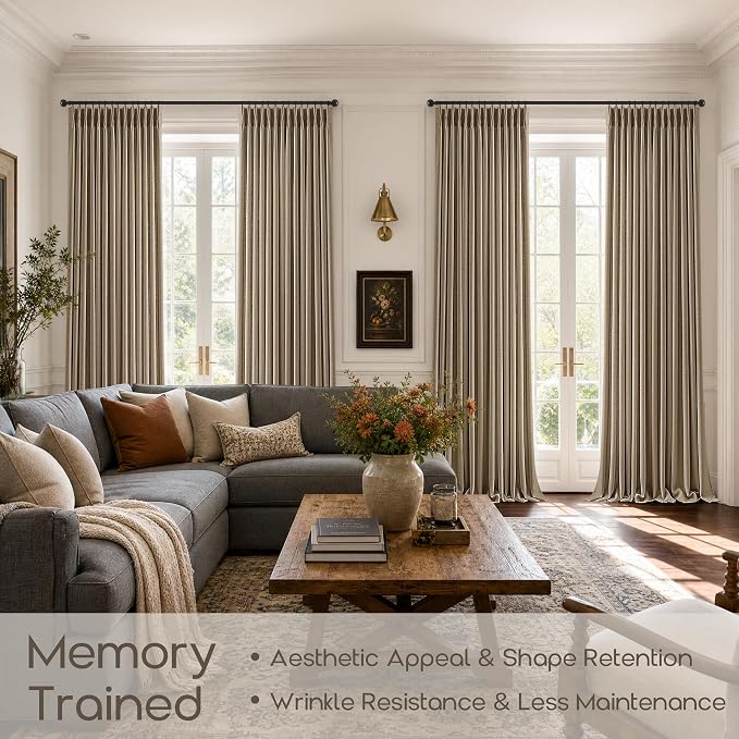 120 Inch Flax Linen Pleated Curtains for Large Living Dining Room Windows Brown Tan Light Filtering Privacy Sheer Ceiling Drapes with Back Tab 120 Inches Extra Long Pinch Pleat Rustic Curtains 40x120