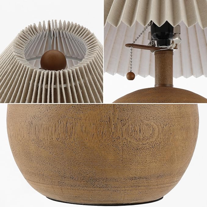 JONATHAN Y 17.25" Brown Wood Finish Sphere Table Lamp, Mid-Century Bedside Nightstand with Beige Pleated Linen Shade, Scandinavian Coastal Style, LED Bulb Included JYL1145A