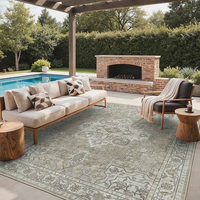 GENIMO Outdoor & Indoor Area Rug 8'x10', Waterproof, Non-Shedding, Easy Cleaning, Boho Mat for Patio, Living Room, Balcony, Dining Room, RV, Deck, Bedroom, Camping, Outside Carpet,Coffee Beige