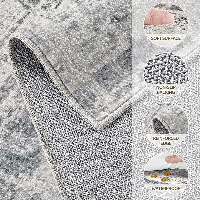 UERMEI 5x7 Washable Area Rug for Living Room: Modern Neutral Abstract Soft Low Pile Carpet Non-Slip Pet Kids Friendly Indoor Decor for Bedroom Dining Room Home Office Nursery Gray