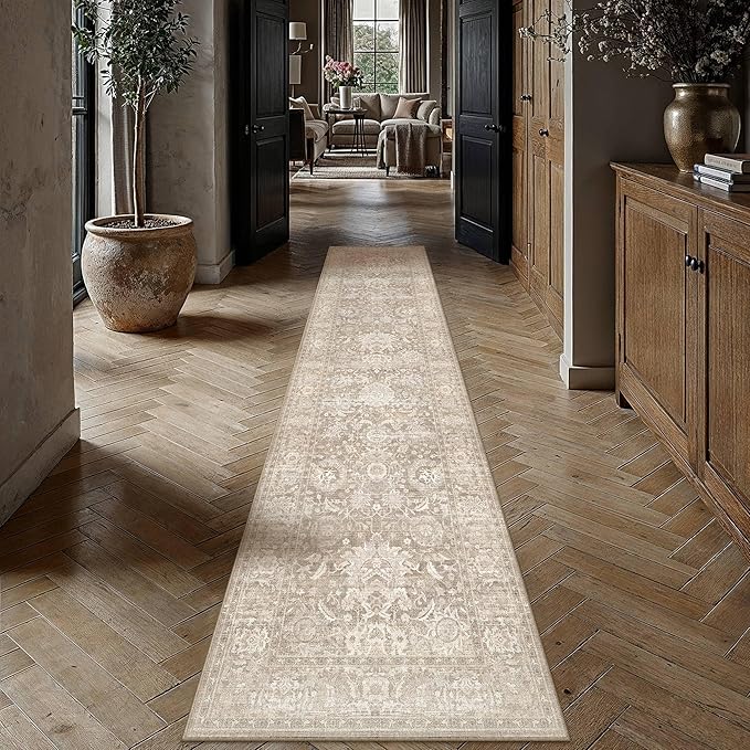 HUGEAR Hallway Runner Rugs 2x12 Beige Washable Rug Neutral Vintage Rug Carpet Distressed Soft Durable Non Slip No Shedding for Indoor Bedroom Kitchen Dining Nursery Laundry