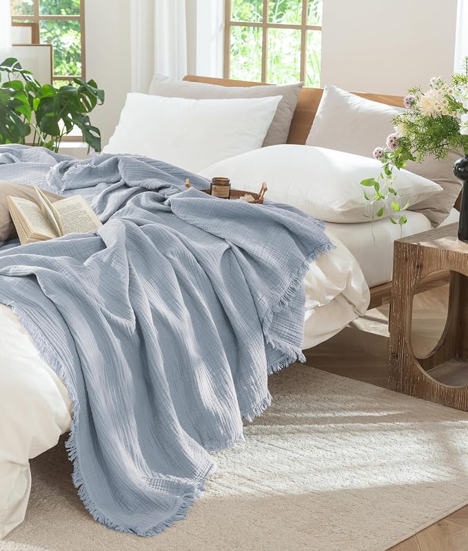 MooMee Muslin Blanket - 100% Cotton 4-Layer Gauze Throw Blanket with All-Around Fringe, Soft Breathable Lightweight Cooling Summer Blankets for Bed Couch(Dusty Blue,Throw XL 50" x 70")