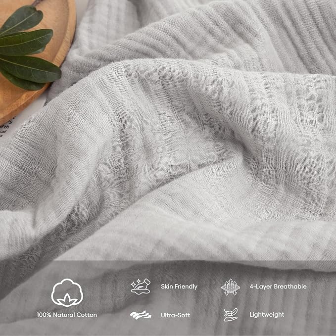 FOSSA Muslin Blanket 4-Layer 100% Cotton Gauze Blanket with Fringe 66"x90" | Super Soft Breathable Lightweight All Season & Decorative Blanket or Bed, Sofa, Office (Grayish,Twin XL)