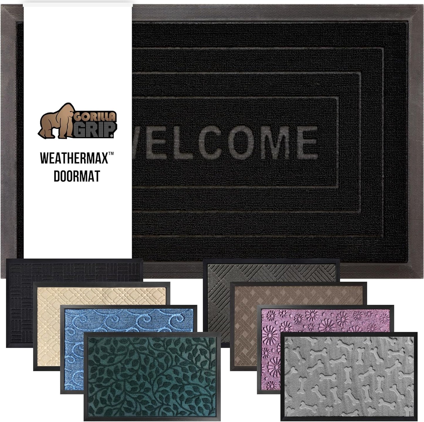 GORILLA GRIP 100% Waterproof All-Season WeatherMax Doormat 35x23, US Designed Natural Rubber, Stain and Fade Resistant, Low Profile Indoor Outdoor Door Mats, Easy Clean Patio Mat, Black Welcome