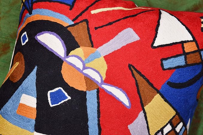 Kandinsky Contemporary Throw Pillow Cover - Bright | Red Modern Pillow Cases | Abstract Accent Pillows | Contemporary Couch Cushions | Hand Embroidered Cushion | Wool Size 18x18
