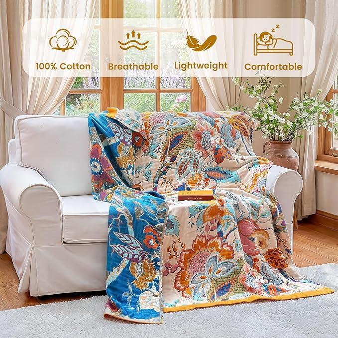 MSGKV Boho Throw Blanket 90"x90" Floral Cotton Blanket for Bed Summer Breathable Lightweight Farmhouse Queen Blankets Home Decor Muslin All Seasons