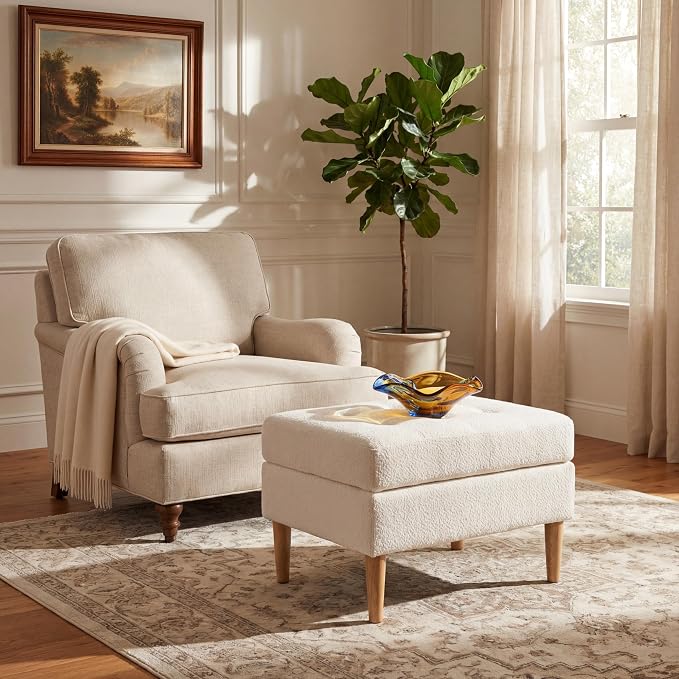 Christopher Knight Home Dalla Boucle Upholstered Ottoman Coffee Table, Small Living Room Sofa Footrest, Wooden Rectangular Ottoman Footstool, Guest Extra Seat, Ivory