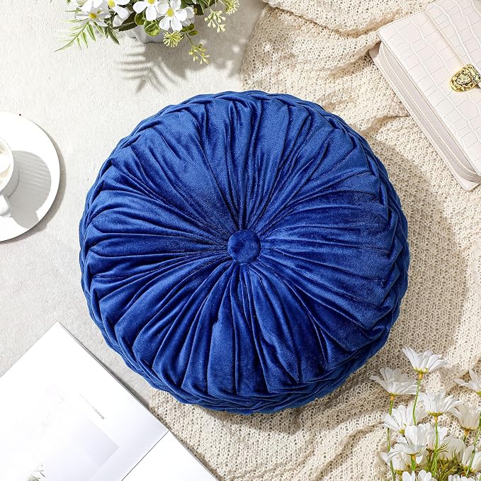 Drydiet 1 Pcs Round Throw Velvet Pillows Decorative Pleated Throw Pillows Diameter Accent Pumpkin Boho Chair Cushion for Couch Sofa Home Decoration (Royal Blue,15'')