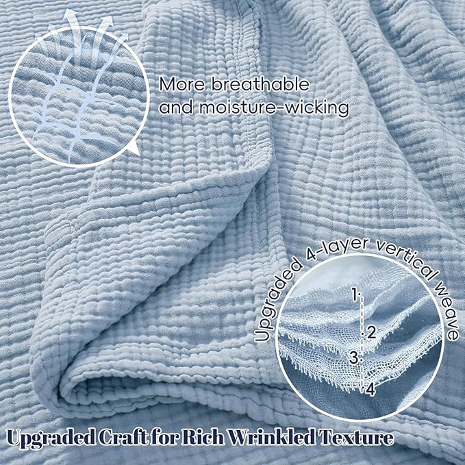 PHF 100% Cotton Muslin Blanket Twin XL Size 66"x90", 4-Layer Lightweight Gauze Throw, Breathable Cloud-Soft Minimalist Blanket for Bed, Couch, Camping & Baby, Ancient Water, Ideal Gift