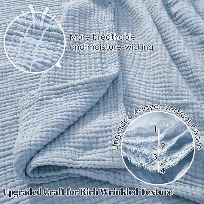 PHF 100% Cotton Muslin Blanket King Size 108"x90", 4-Layer Lightweight Gauze Throw, Breathable Cloud-Soft Minimalist Blanket for Bed, Couch, Camping & Baby, Ancient Water, Ideal Gift