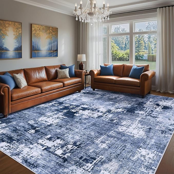DMOYEST Area Rug Living Room Rugs - 8x10 Washable Large Soft Indoor Neutral Modern Abstract Low Pile Rug Carpet for Bedroom Dining Room Farmhouse Home Office - Navy Blue