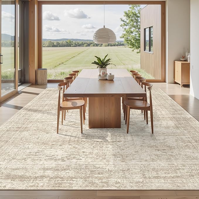 Soalmost Area Rug 10x12 Vintage Washable Living Room Large Carpet Non Slip Bedroom Indoor Office Dining Room Low Pile Thin Rug Beige