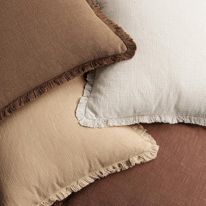 MIULEE Decorative Couch Pillow Covers Neutral Linen Fringe Throw Pillows Set of 4 Accent Rustic Cushions Boho Farmhouse Pillowcases for Bed Sofa Living Room Spring Home Decor 20x20 Inch Beige/Brown