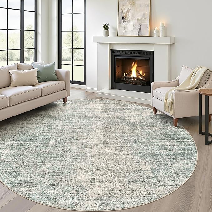 7ft Round Rug Living Room: 7x7 Washable Large Neutral Green Circle Area Rug Abstract Soft Modern Stain Resistant Indoor Floor Non-Slip Carpet for Bedroom Nursery Kids Office Playroom Dining Room