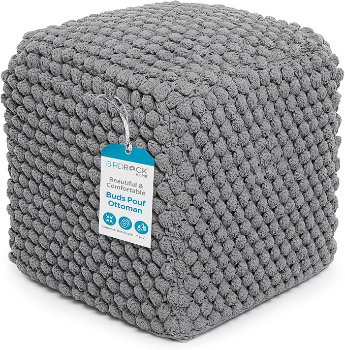 BIRDROCK HOME Square Pouf Ottoman Foot Rest - 18” Compact Comfortable Soft Cotton Knit Bean Bag Floor - Chair Foot Stool Seat for Living Room, Bedroom, or Kids Room (Grey Bud)